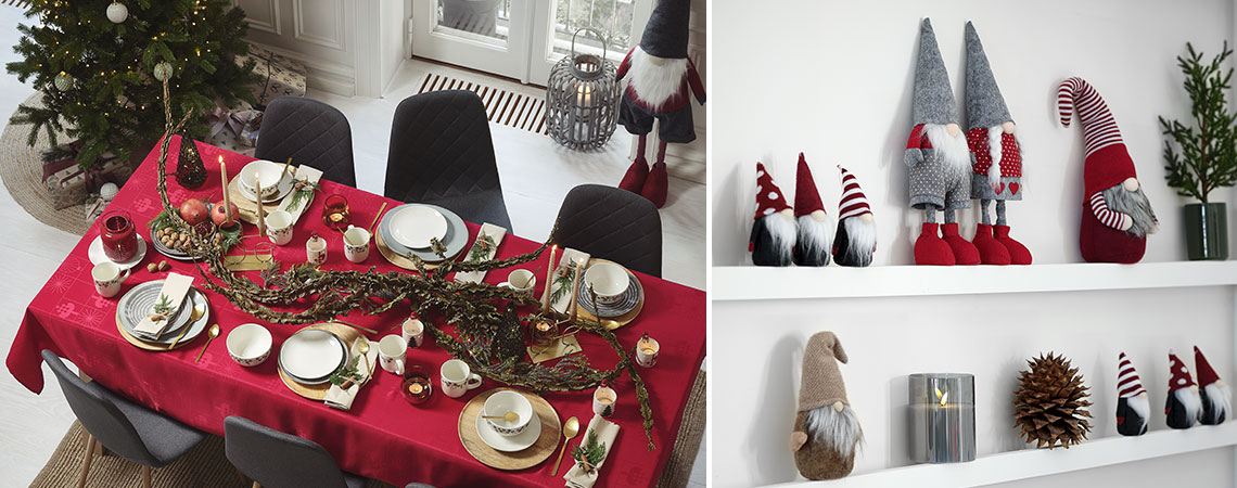 Table de Noël avec des lutins et autres accessoires