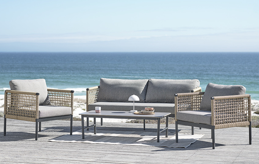 Ensemble lounge gris à séchage rapide avec un canapé, 2 fauteuils et une table